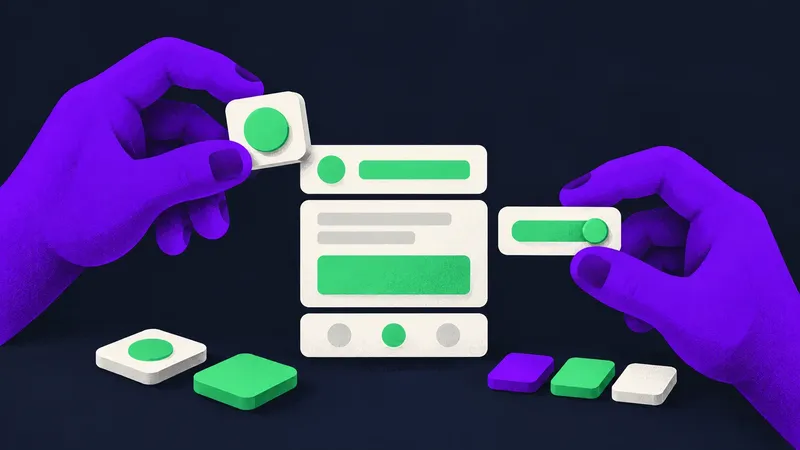 Violet hands assemble white interface components with green controls and a row of purple, green and white variant tiles.