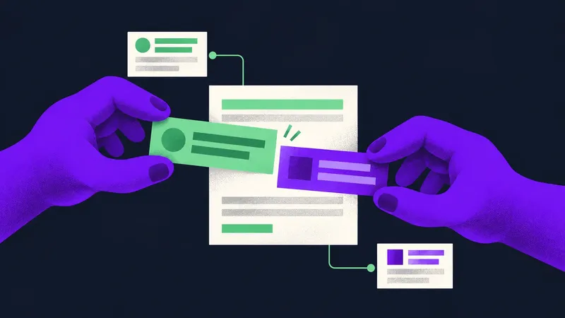 Two violet hands add green and purple content tiles to a shared document connected to smaller synchronized documents.