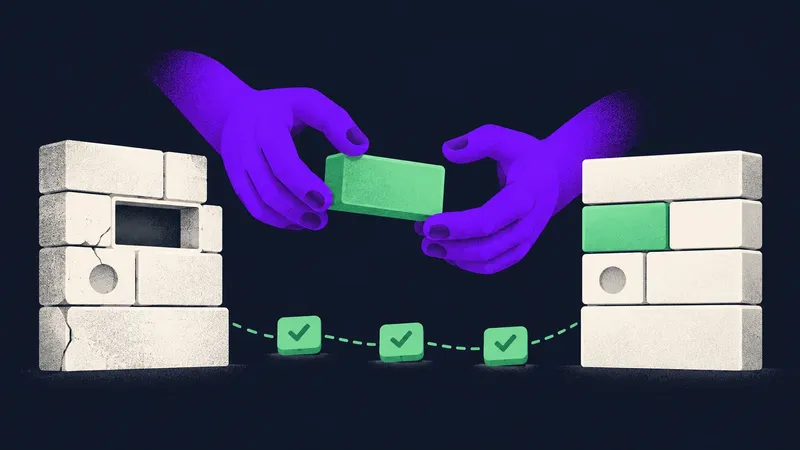 Violet hands move a mint block between two structures, with green checkpoints marking an incremental software migration.