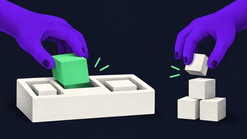 Violet hands fit a green block into a compact toolkit and lift away a separate white block, illustrating a dependency audit.
