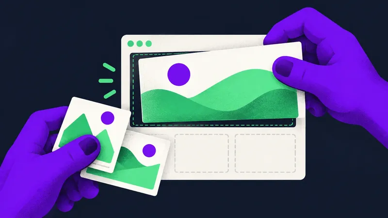 A violet hand places a large landscape image into a browser's hero area while another holds smaller image cards.