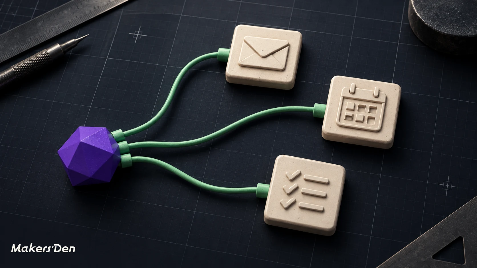 A violet agent connects through green cables to email, calendar and task tools on a dark drafting table.