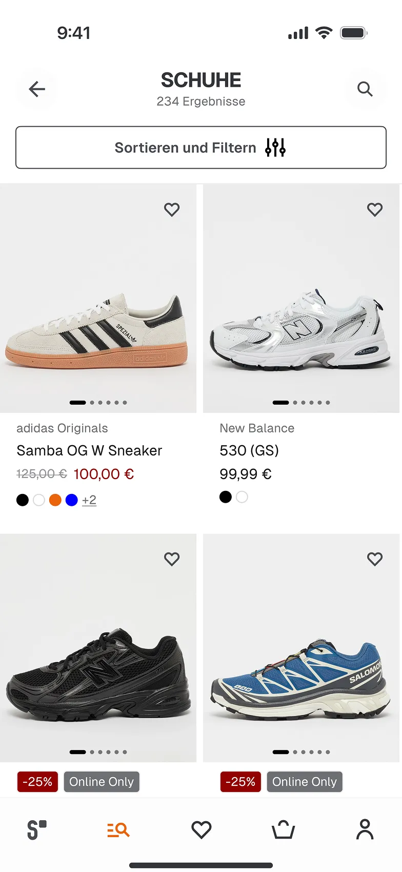 A shoe shopping app screen displaying Adidas and New Balance sneakers with prices, discounts, and filter options.