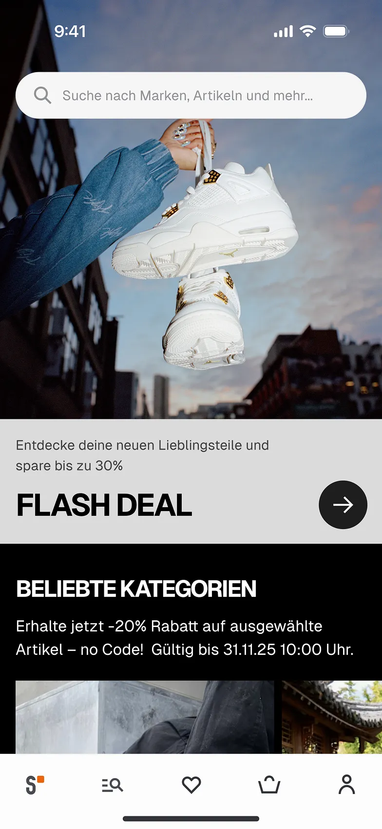 Person holding white sneakers against a cloudy sky background; text promotes a flash deal and popular categories on a shopping app.