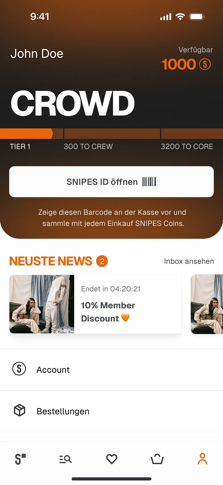 Mobile app interface showing loyalty program details, news updates, and menu options. It features a barcode and a 10% member discount promo.