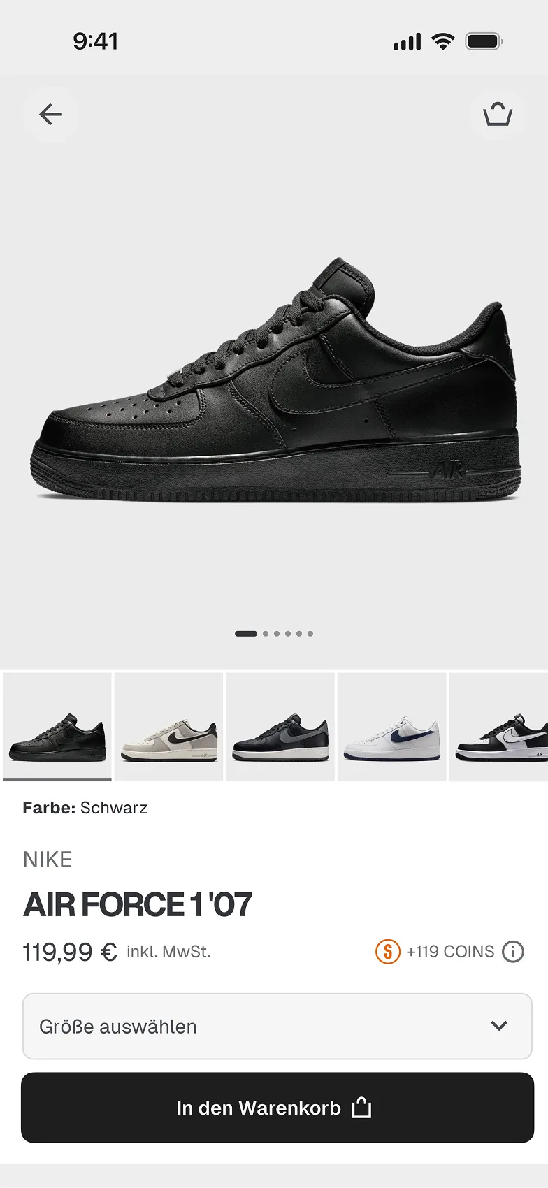 Black Nike Air Force 1 '07 shoe on a shopping app interface, priced at 119,99 €. Size selection option available.