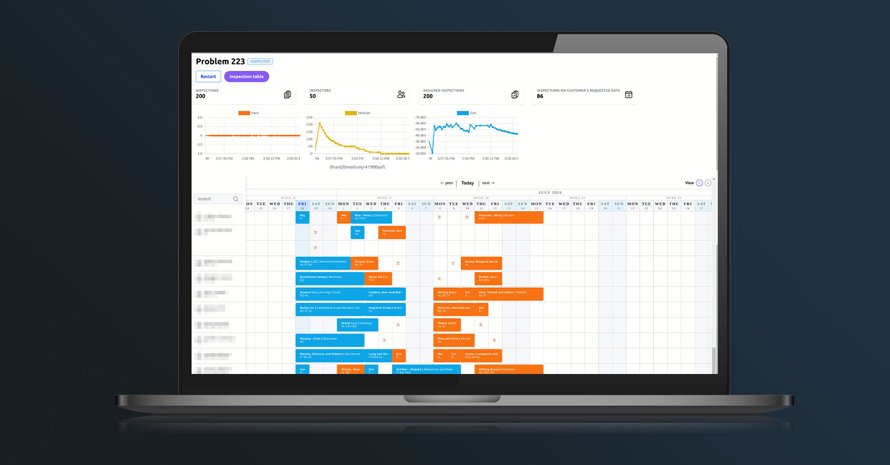 Laptop displaying a project management dashboard with charts and a calendar, featuring tasks in blue and orange on a dark blue background.