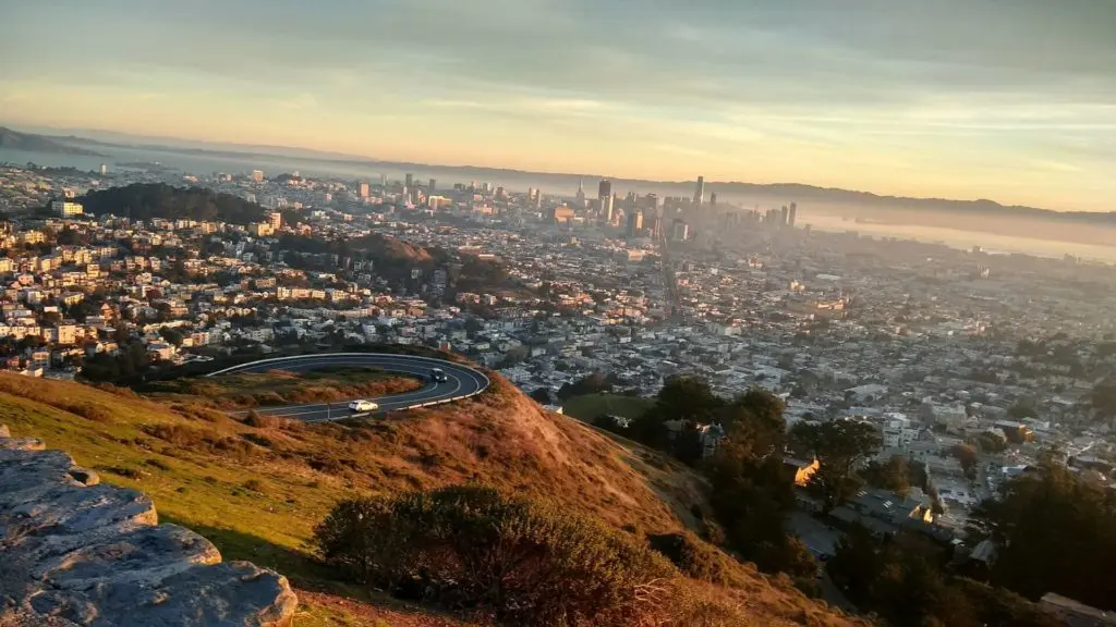 Skyline of a city at dusk