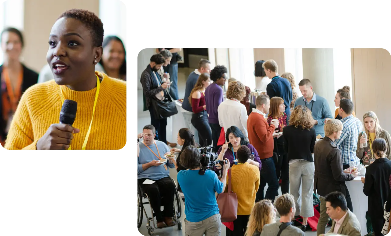 A woman talking into a microphone and group of colleagues eating at an office event.