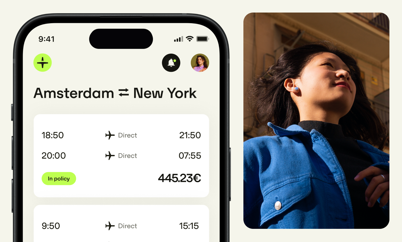 Smartphone displaying flight details from Amsterdam to New York, with a woman in a blue jacket smiling in the background.
