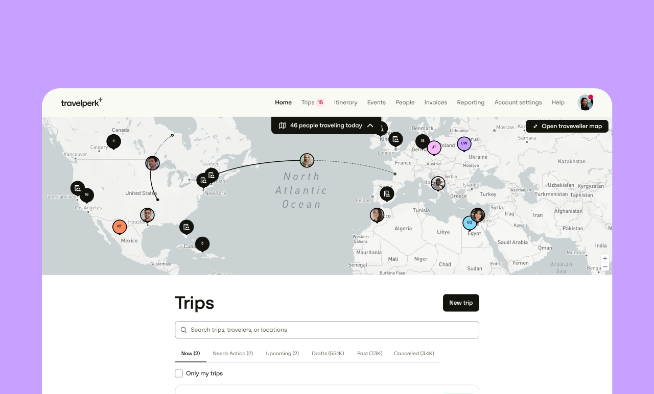 A travel dashboard showing a world map with user avatars and flight paths, indicating active trips across various countries.
