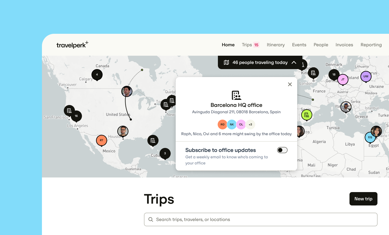Map interface showing locations of travelers, with a highlighted popup for Barcelona HQ office. Blue background with "Trips" search bar below.