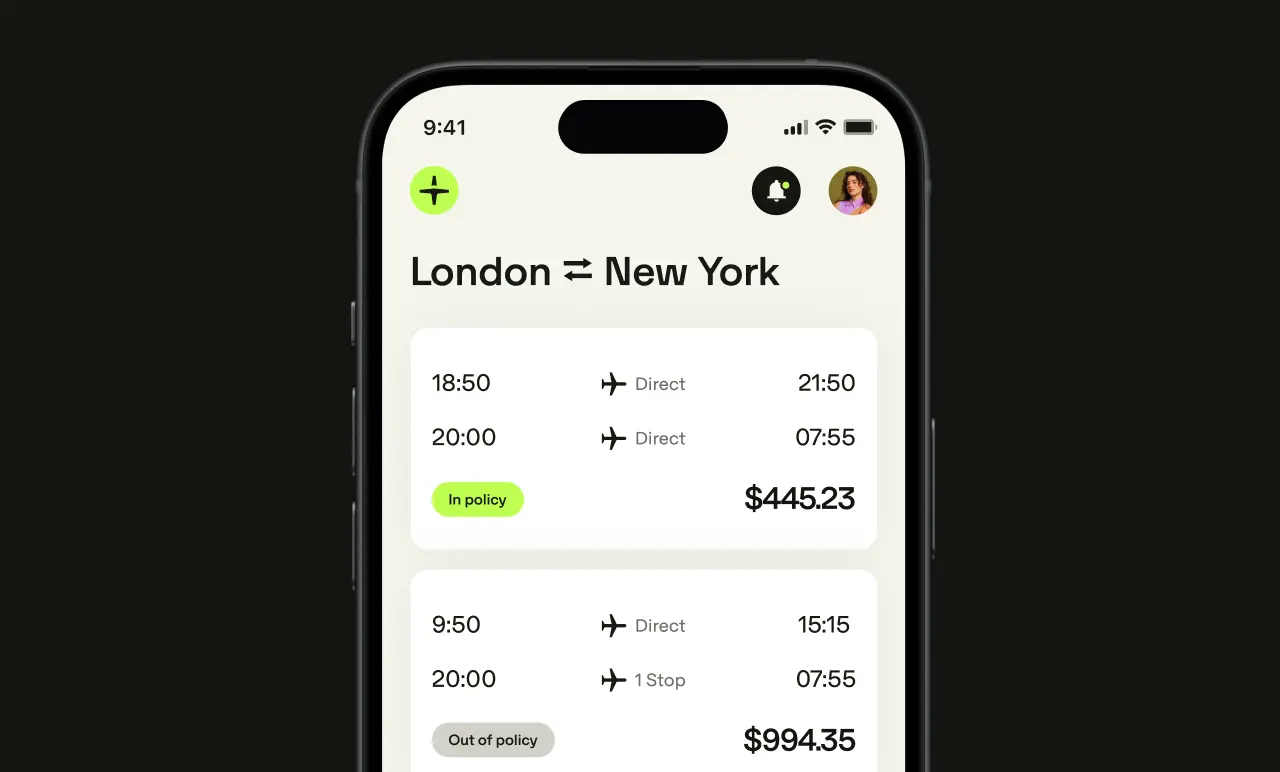 Smartphone screen showing flight options from London to New York, with prices and policy indicators.