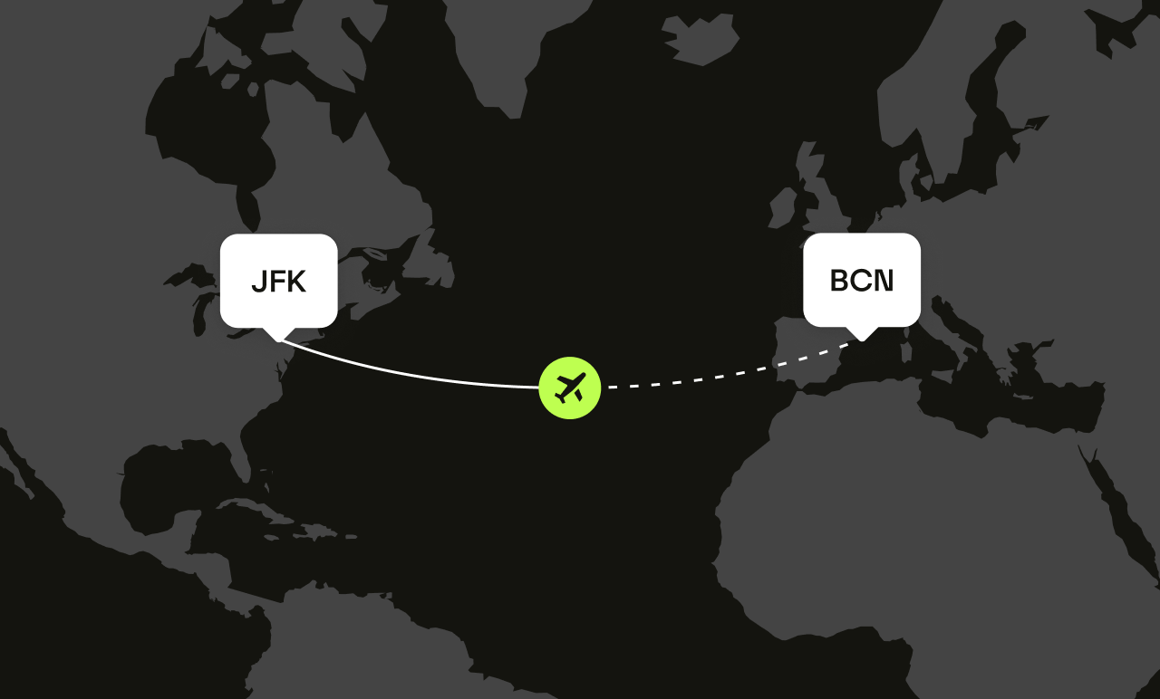 Map showing a flight path from JFK in the USA to BCN in Europe, with a plane icon in the middle over the Atlantic Ocean.