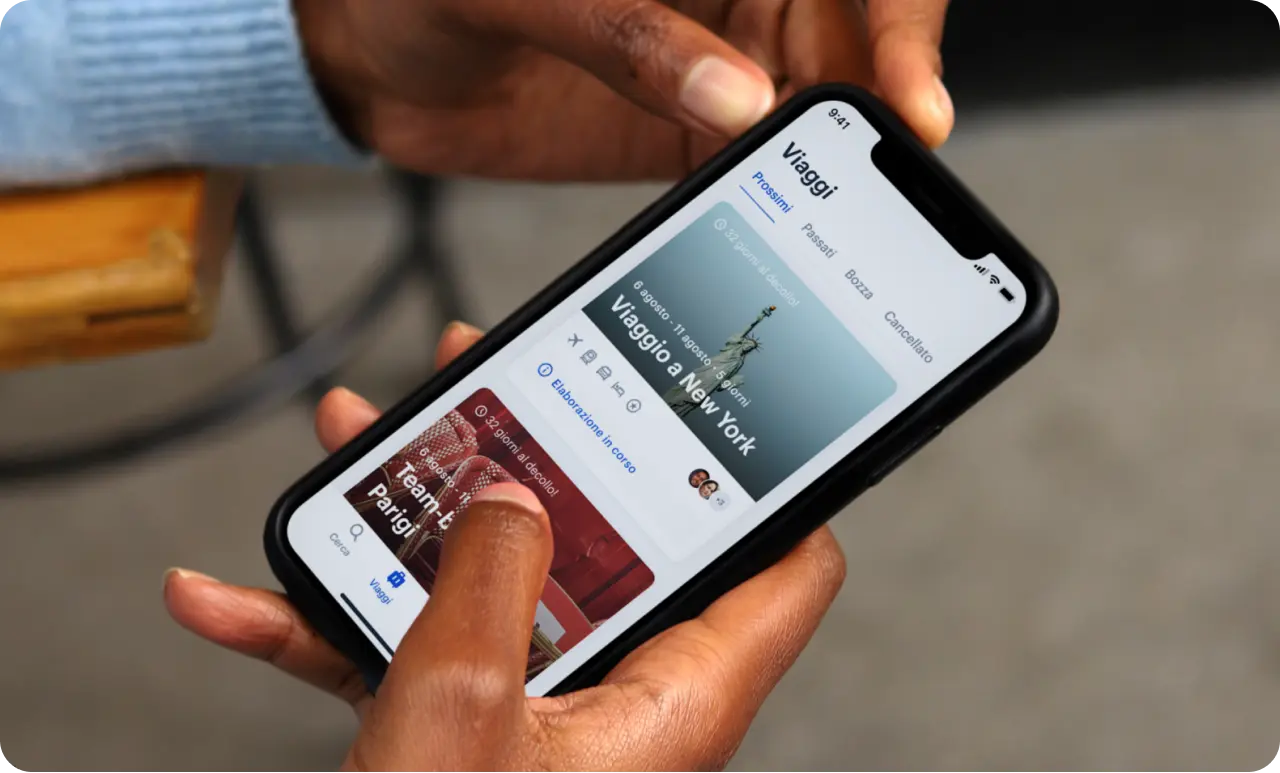 A person scrolling through their trips on the TravelPerk mobile app.