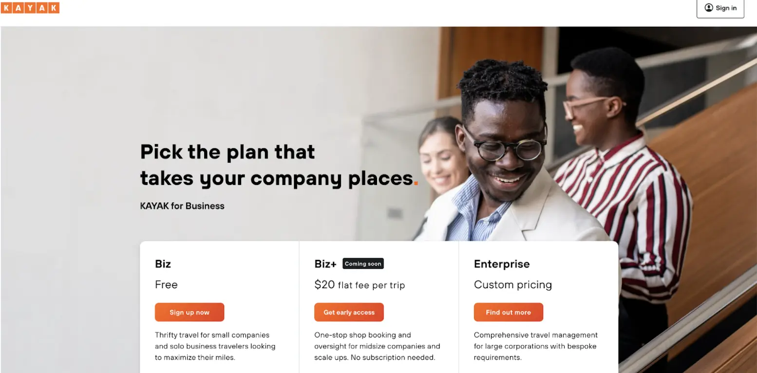Kayak for Business homepage