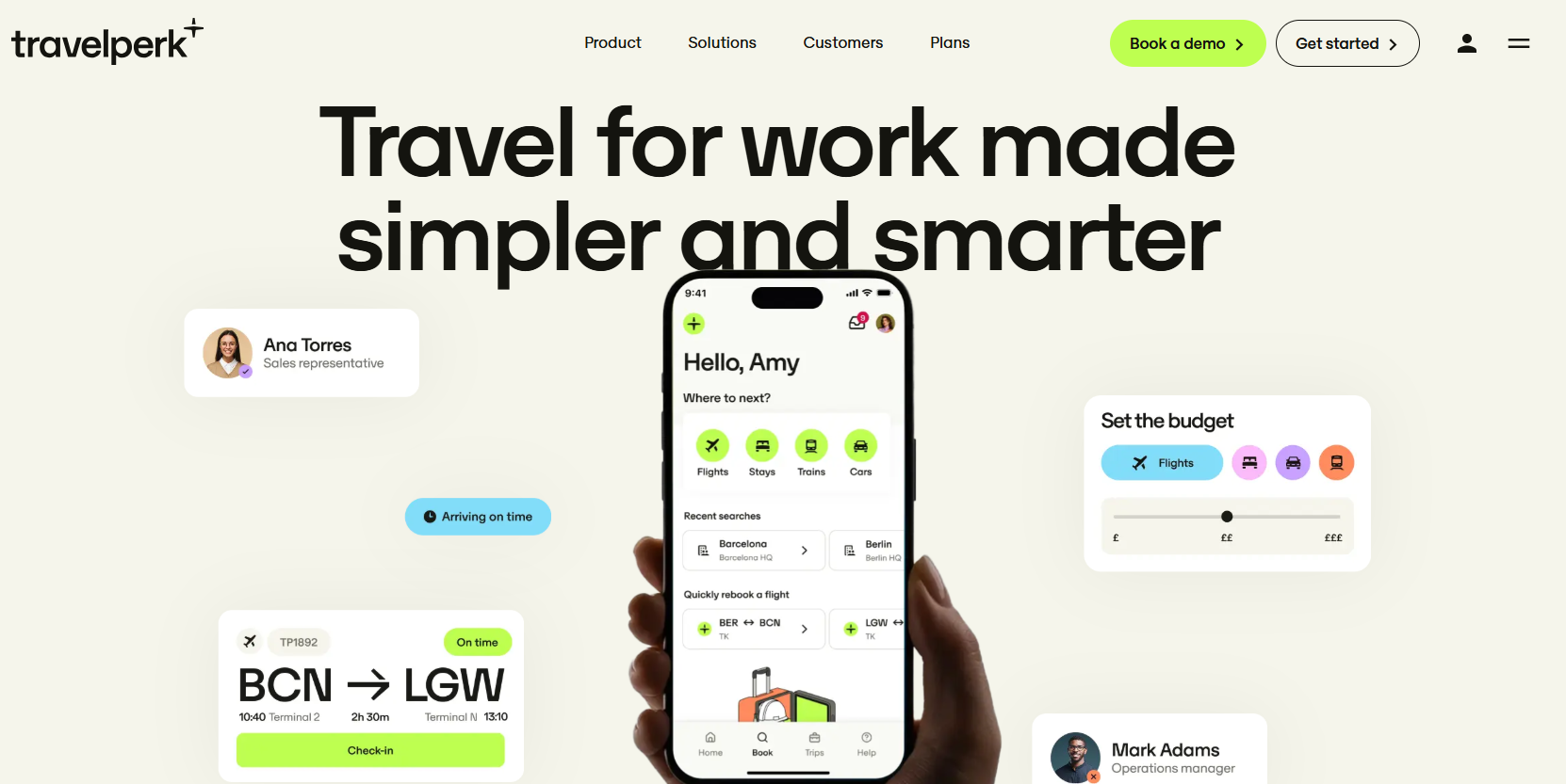 Screenshot of the TravelPerk homepage, showing a hand holding a smartphone with TravelPerk's app on the screen. Title reads 'Travel for work made simpler and smarter'