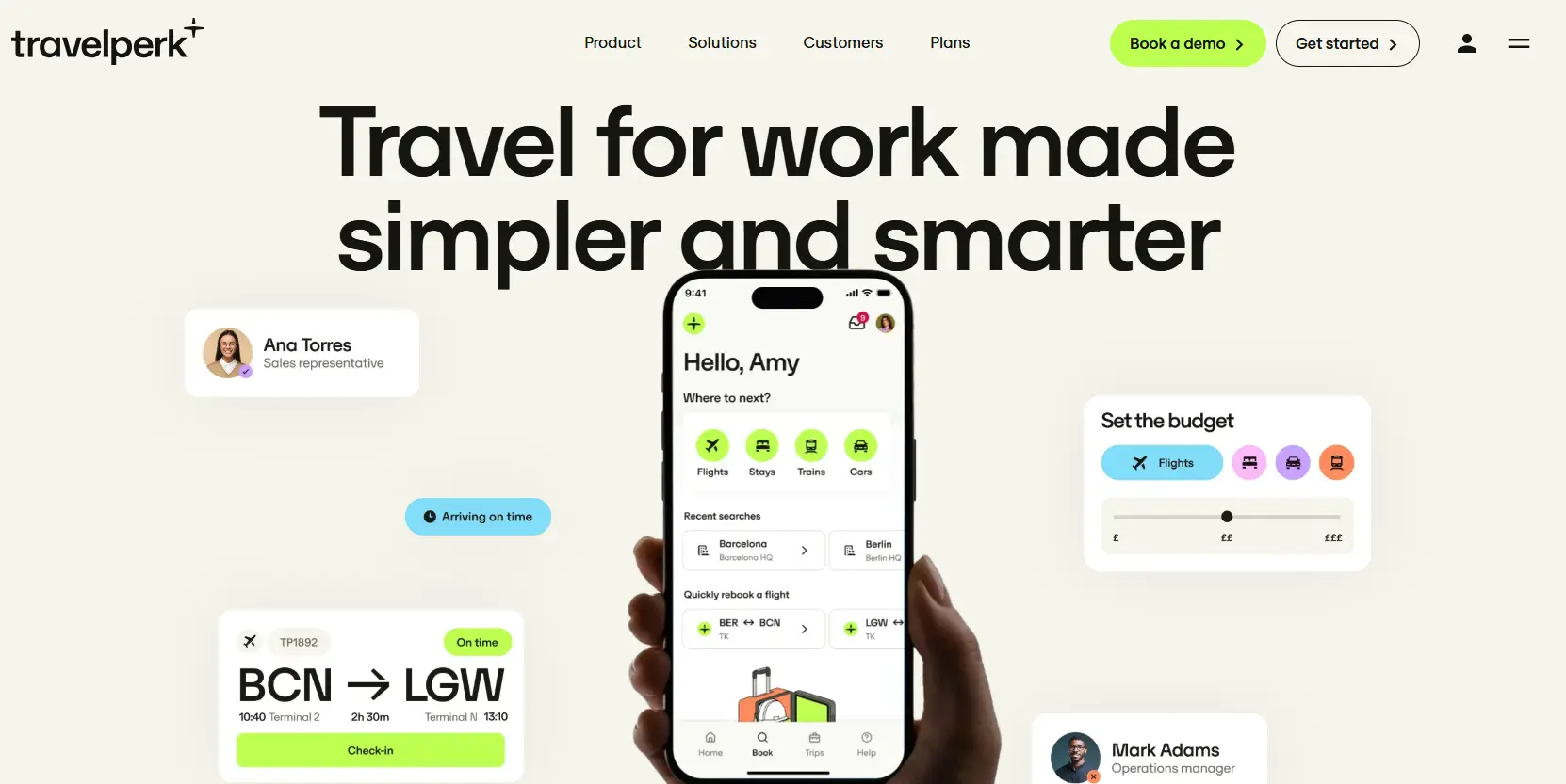 Screenshot of the TravelPerk homepage, showing a hand holding a smartphone with TravelPerk's app on the screen. Title reads 'Travel for work made simpler and smarter'