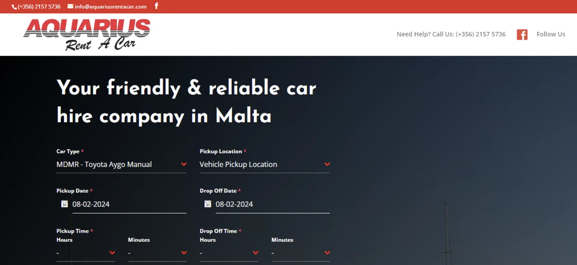 Aquarius Rent a Car homepage