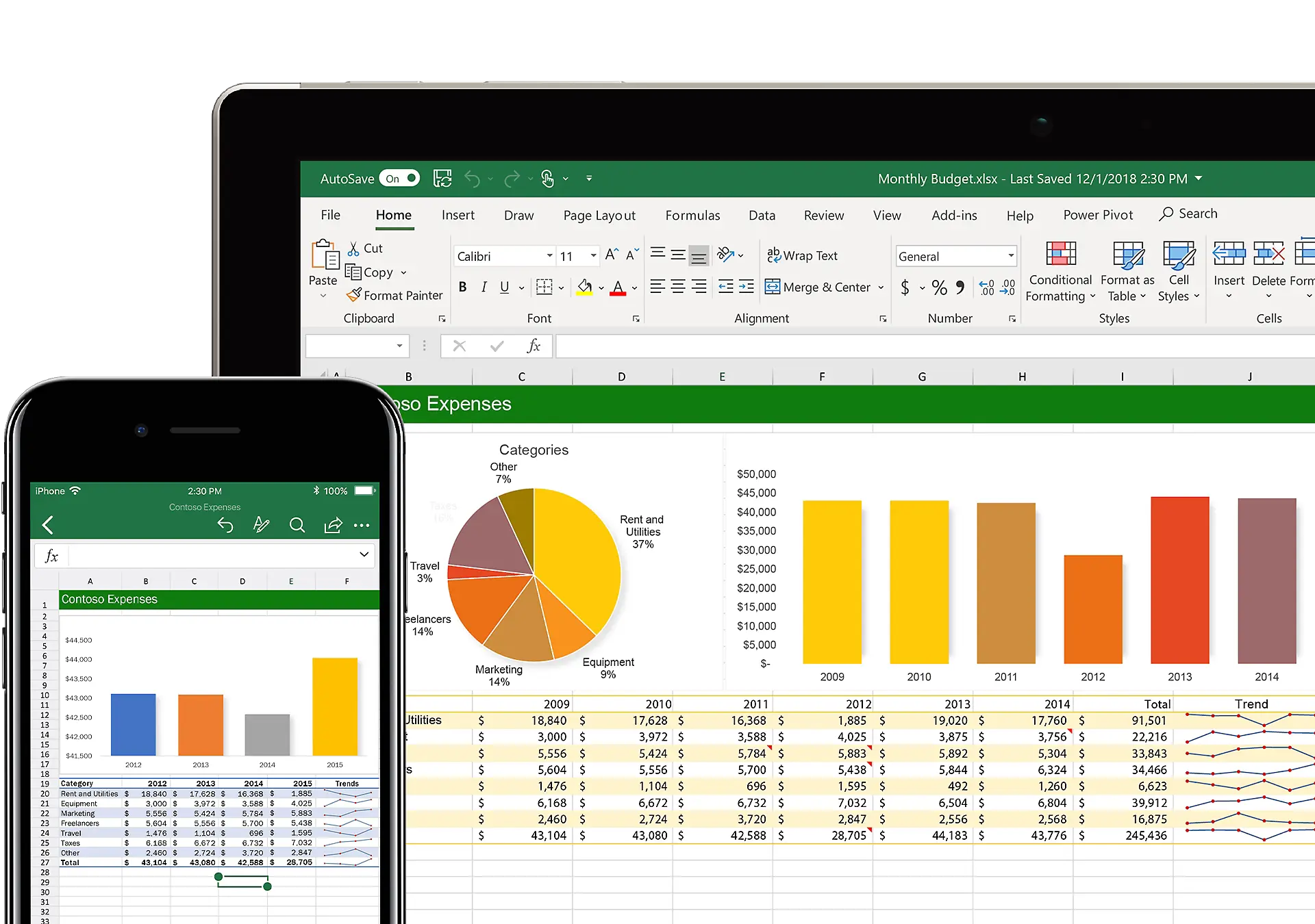 Microsoft Excel table and chart analyzing the expenses of a business, including travel spend