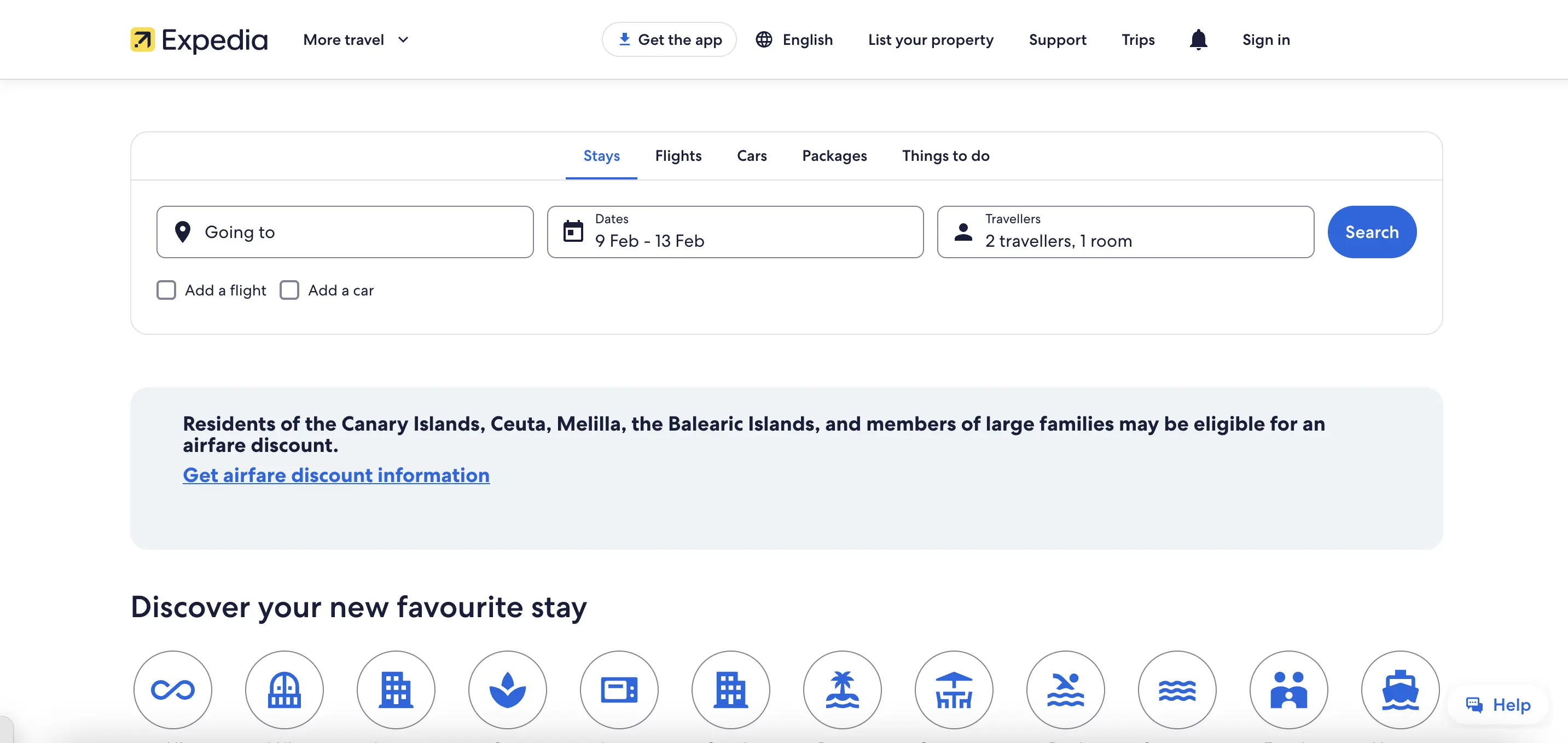 Expedia homepage