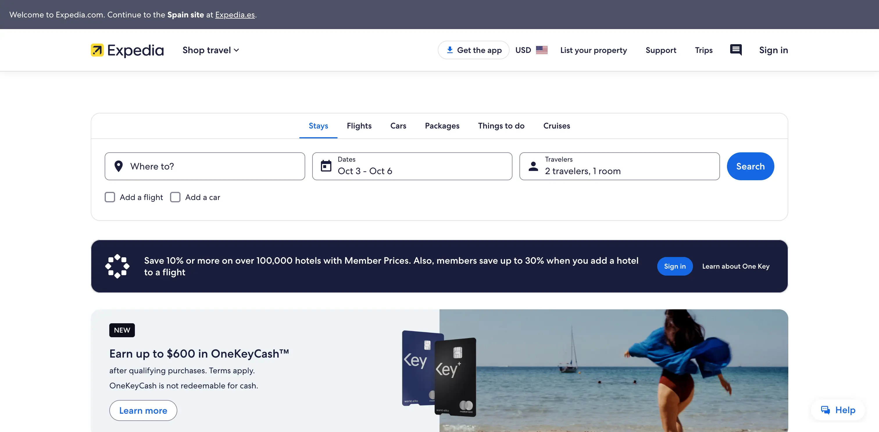 Expedia homepage