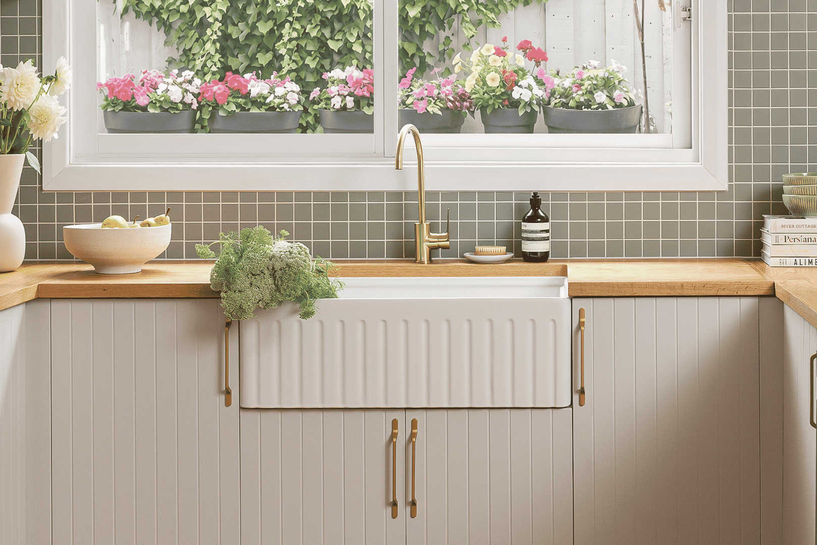Bright kitchen with a white farmhouse sink, gold faucet, and green tile backsplash. Flowers and plants are seen through the window.