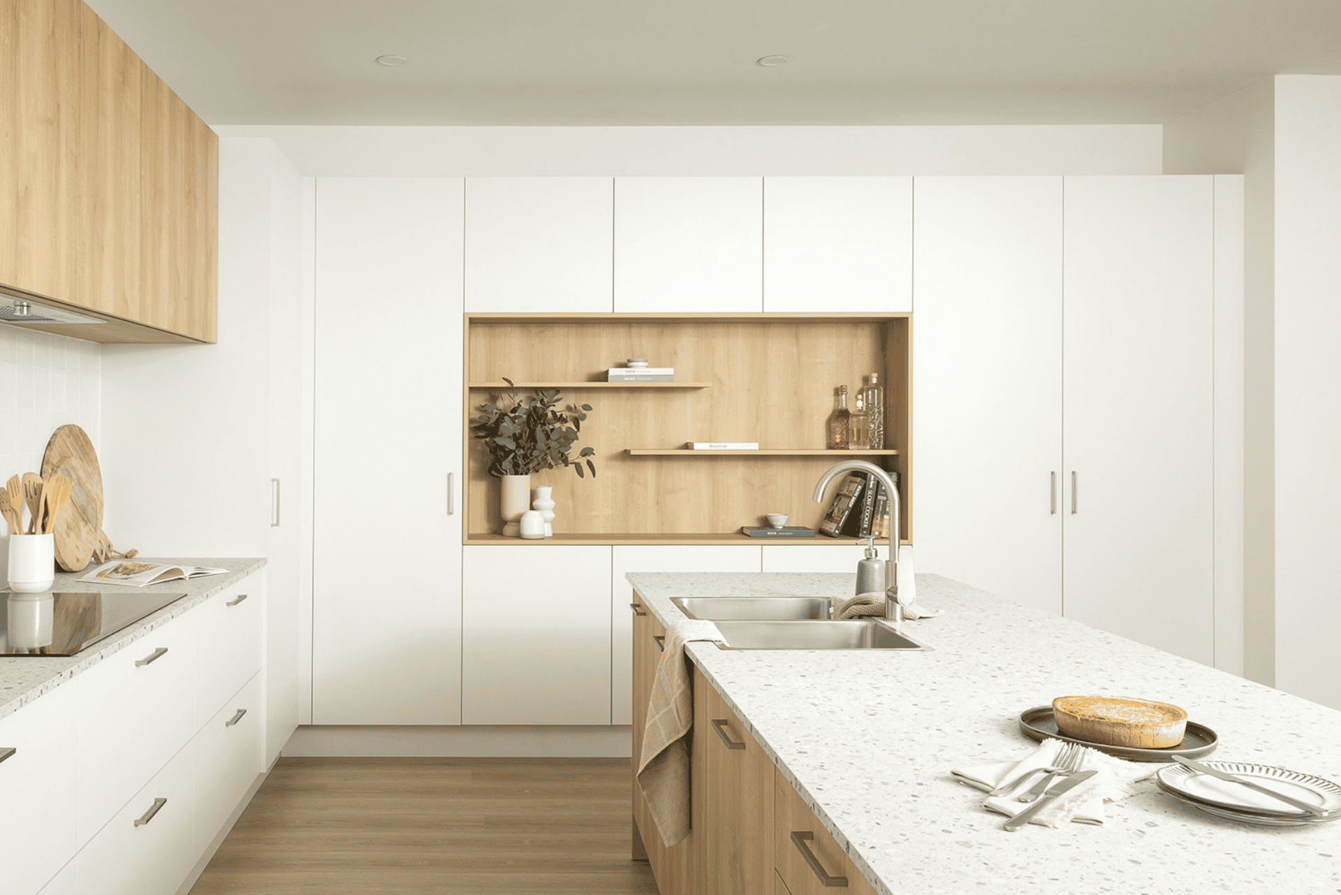 Modern kitchen with white cabinets with a timber, custom display unit