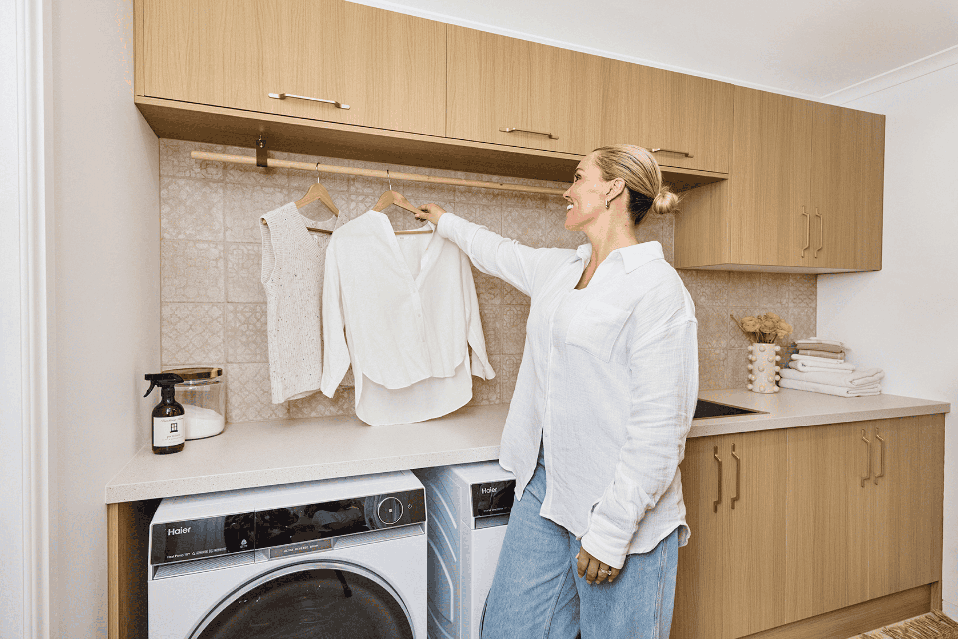 Abbey Holmes x kaboodle collaboration, light timber cabinets and stone look benchtops