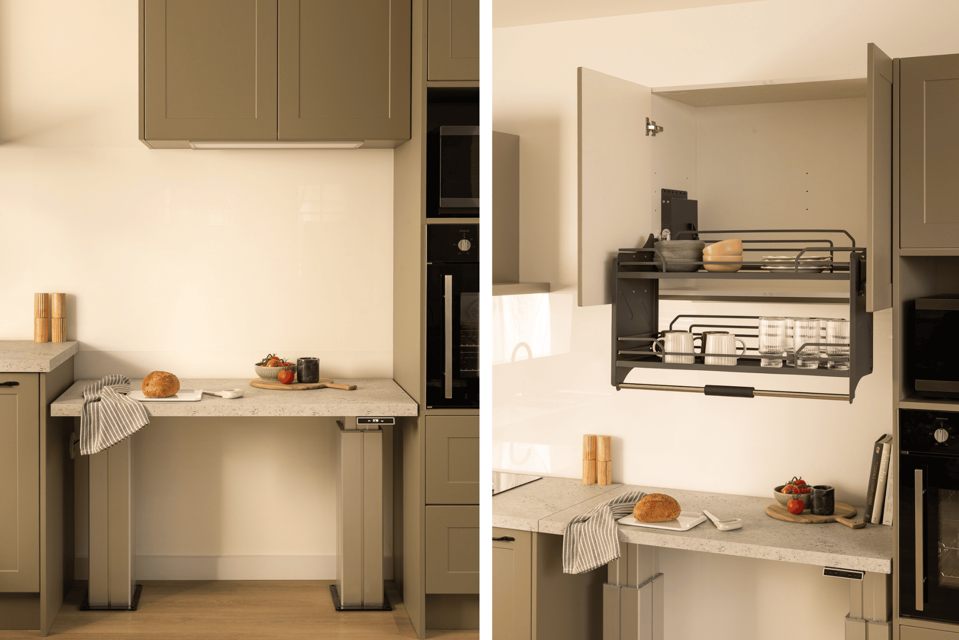 A modern kitchen with a height-adjustable counter, olive green cabinets, and a raised shelf holding kitchen items. Bread and cutting board on the counter.