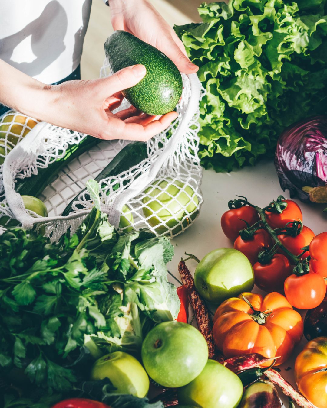 Hände halten eine Avocado und ein Gemüsenetz, rundherum findet man noch mehr Gemüse & Obst (Tomaten, Äpfel, Kraut, Salat)