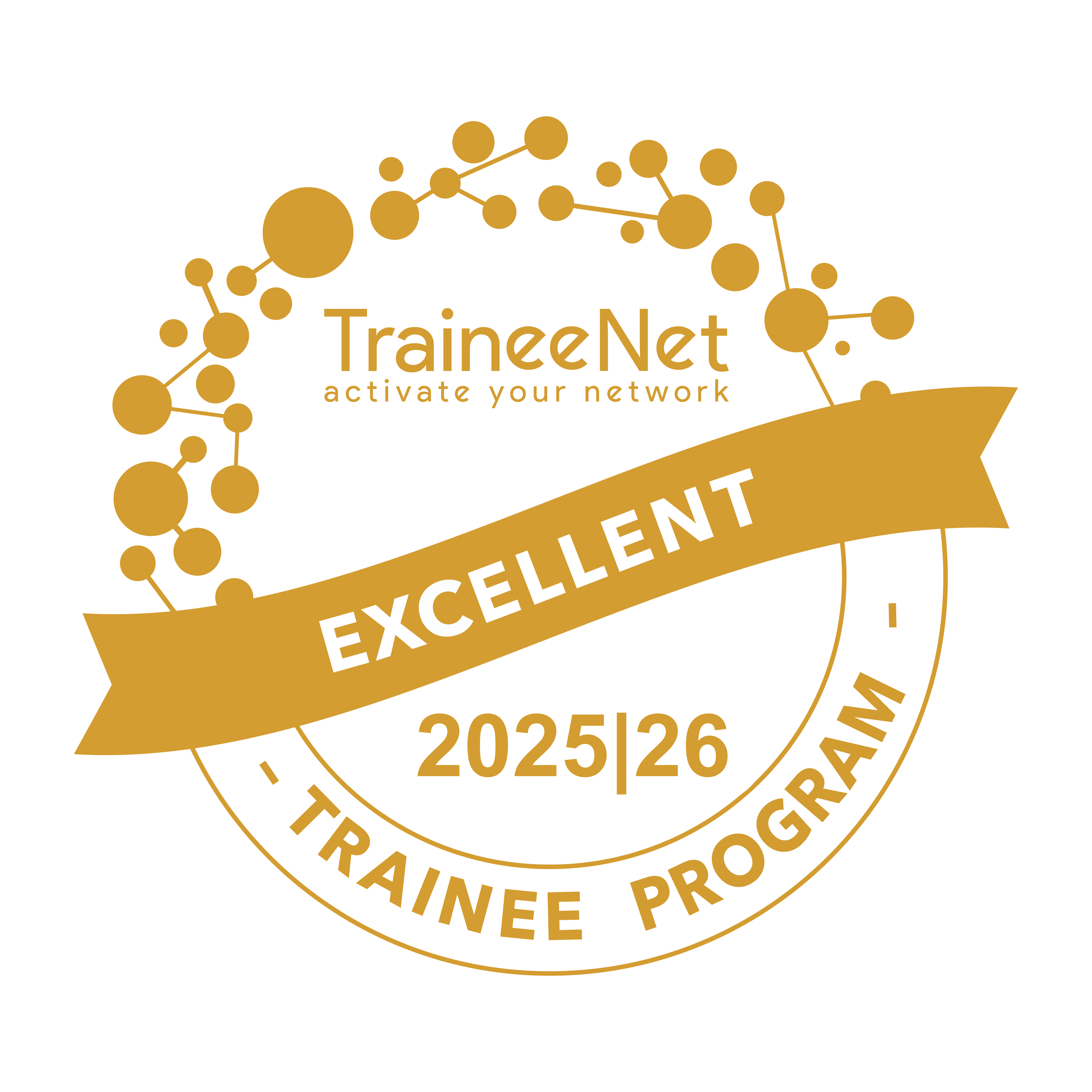 Gold TraineeNet badge for the “Excellent Trainee Program 2025–2026” with the slogan “activate your network”.