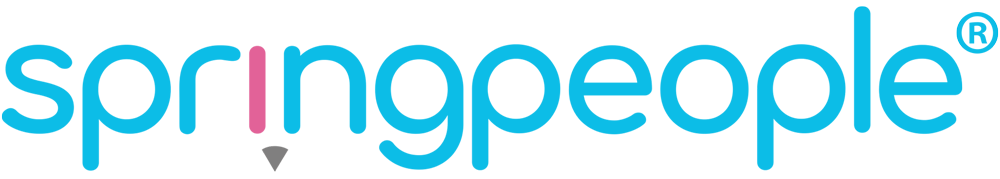Blue logo with stylized text and a small pink and gray element.