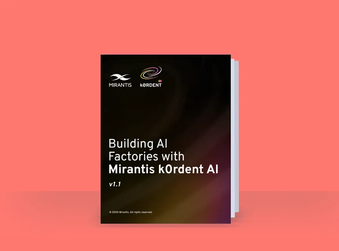 Book titled "Building AI Factories with Mirantis kOrdent AI v1.1" on a pink background, featuring logos of Mirantis and kOrdent.