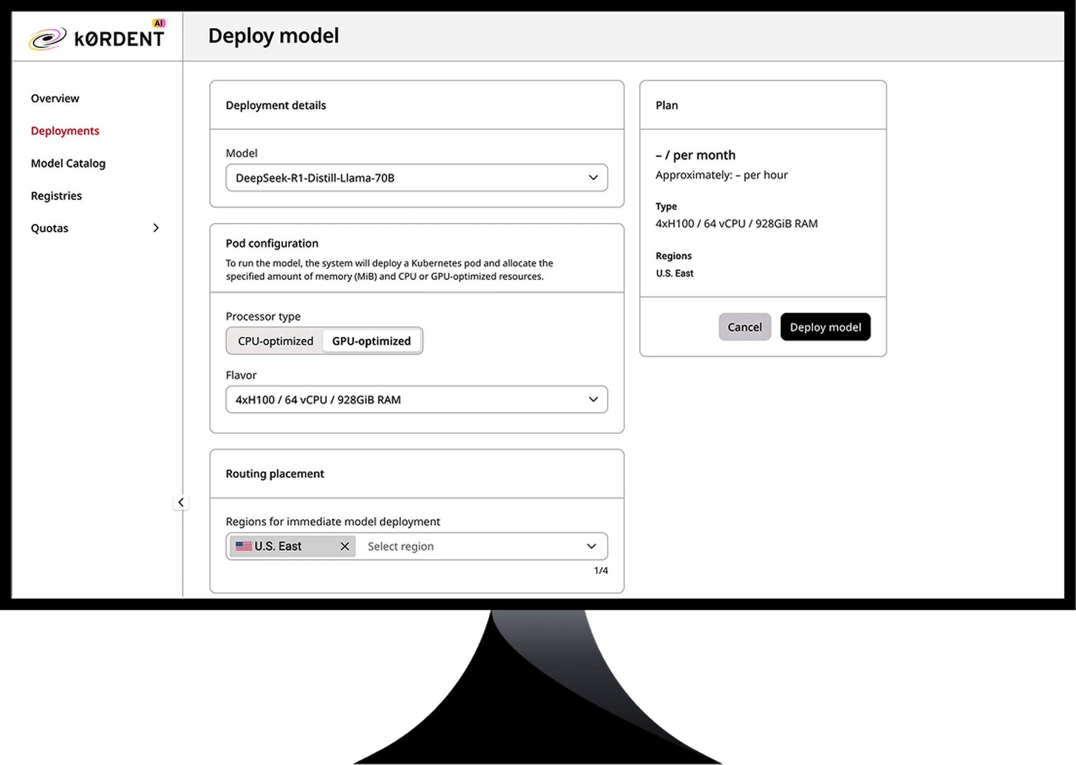 A software interface for deploying a model, showing deployment details, pod configuration, and options for processor type, flavor, and region selection.