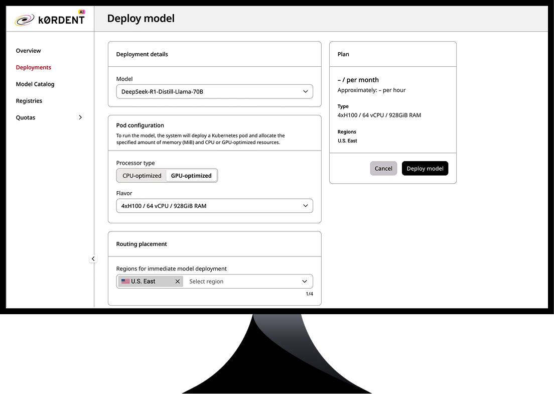 A software interface for deploying a model, showing deployment details, pod configuration, and options for processor type, flavor, and region selection.