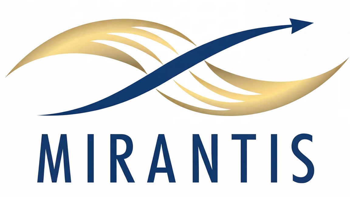 Logo with a stylized gold and blue infinity symbol and the text MIRANTIS in bold blue letters below.