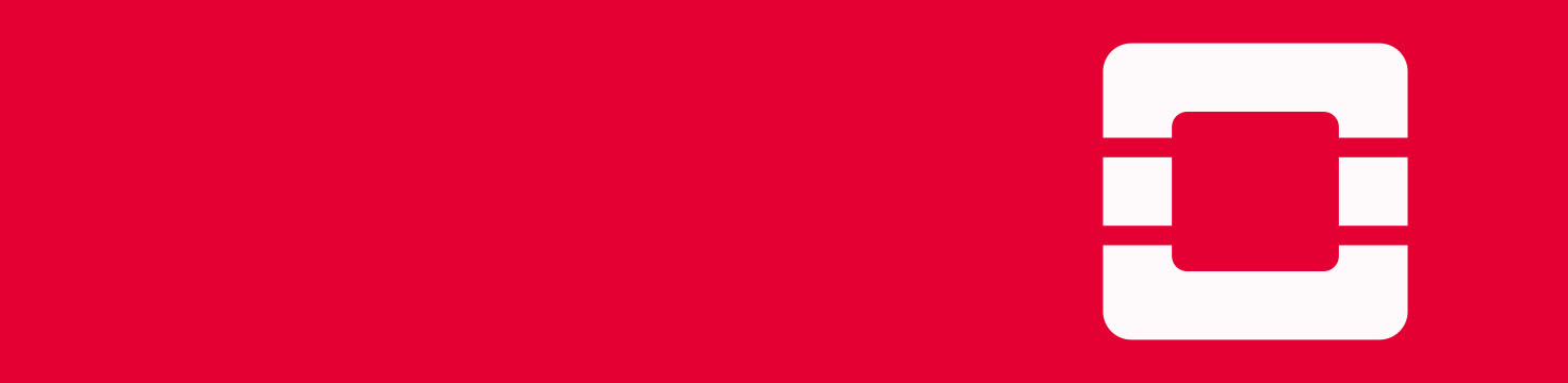 Red background with a white abstract logo resembling a stylized "O" or square design, featuring rounded edges and bars inside.