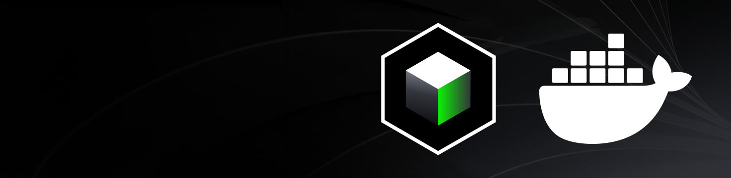 Black background with a white hexagonal logo featuring a 3D green cube, next to a white Docker whale container logo.