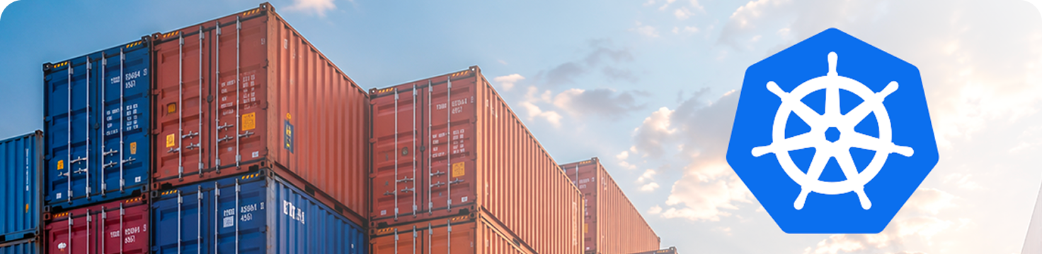 Stacked shipping containers under a cloudy sky with the Kubernetes logo on the right.