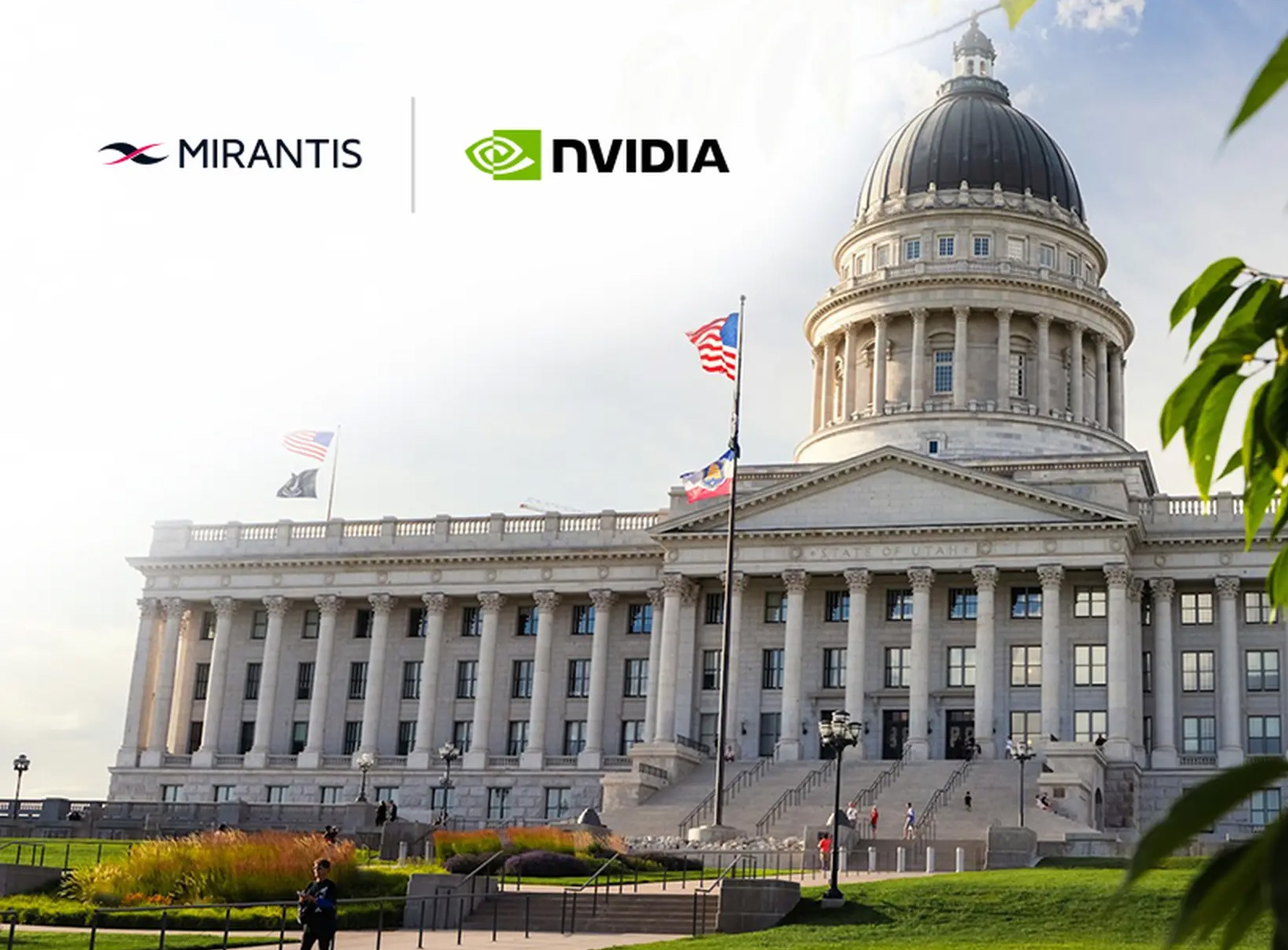 The Utah State Capitol building with Mirantis and NVIDIA logos in the sky, and American flags in front.