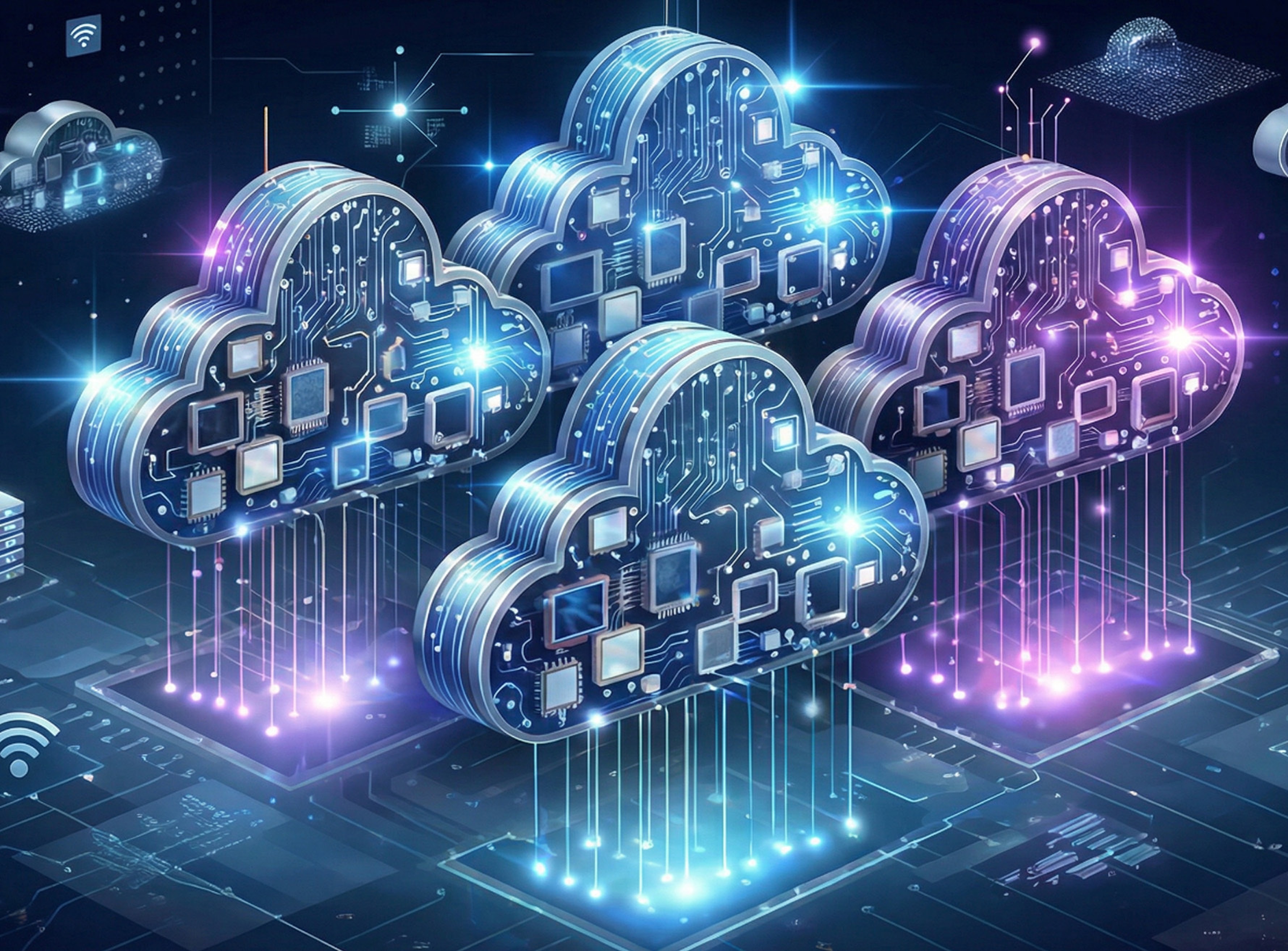 Illustration of glowing digital clouds with circuit patterns, symbolizing cloud computing and data technology, on a dark background.