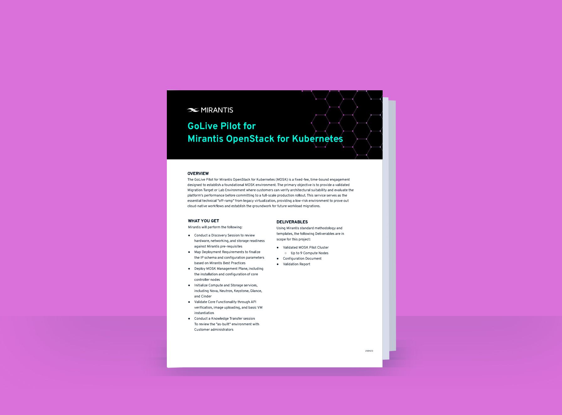 Flyer titled "GoLive Pilot for Mirantis OpenStack for Kubernetes" with details on overview, benefits, and deliverables on a pink background.
