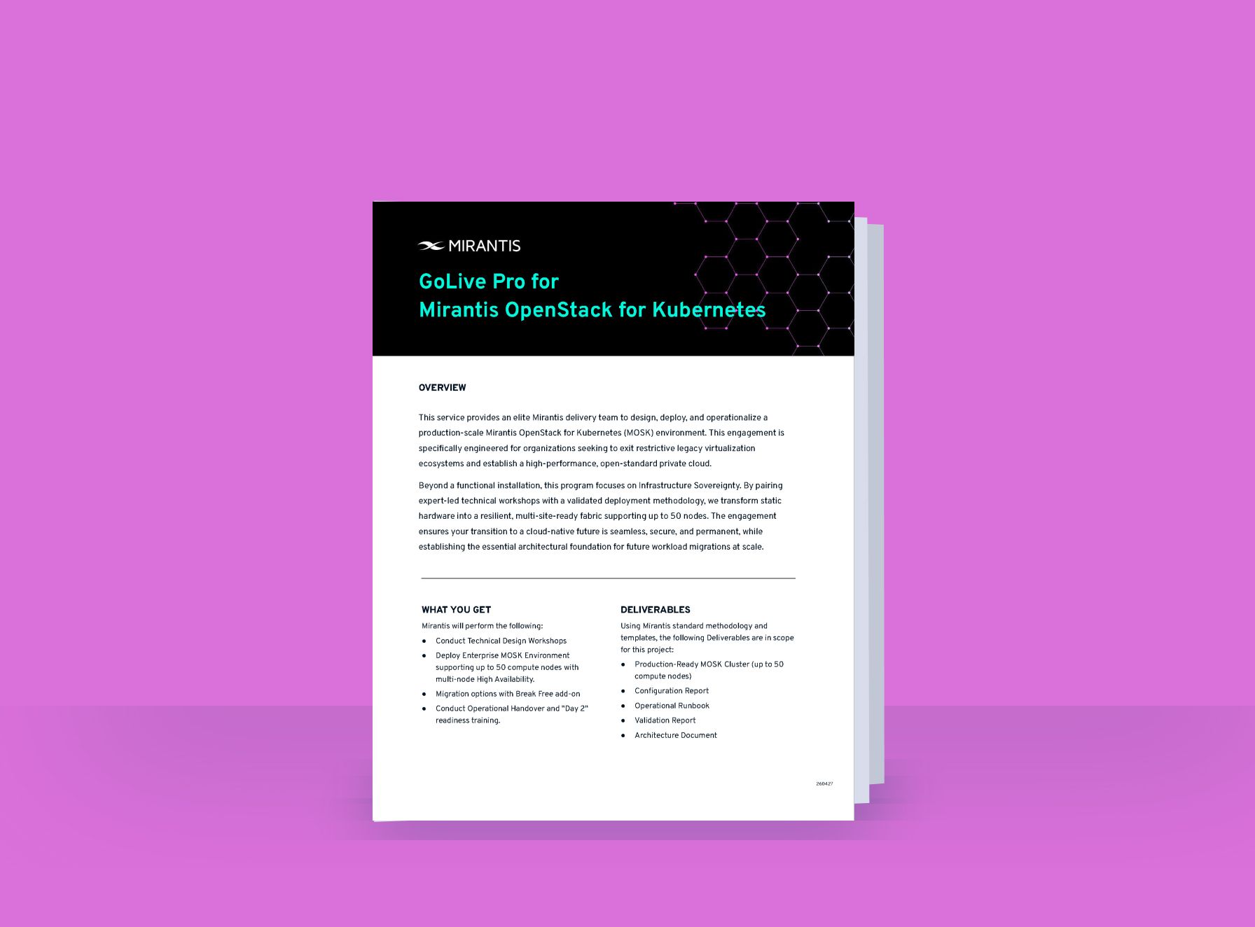 Brochure titled "GoLive Pro for Mirantis OpenStack for Kubernetes" on a purple background, detailing program overview and deliverables.