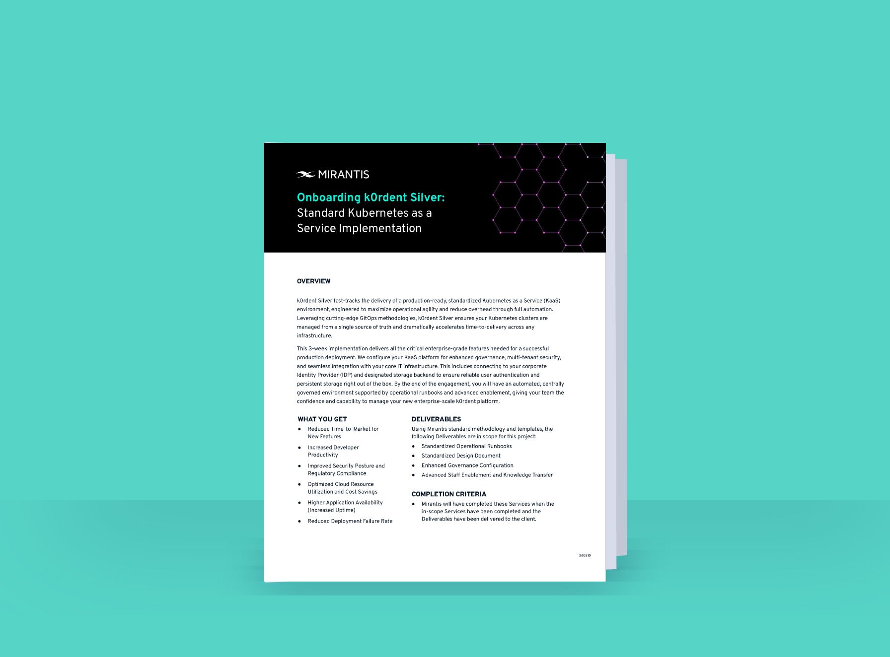 Document titled "Onboarding k0rdent Silver: Standard Kubernetes as a Service Implementation" by Mirantis, featuring an overview and details.