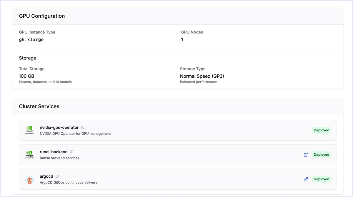 Screenshot of a GPU configuration panel showing instance type, storage details, and deployed cluster services like NVIDIA GPU Operator and ArgoCD.