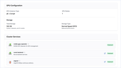 Screenshot of a GPU configuration panel showing instance type, storage details, and deployed cluster services like NVIDIA GPU Operator and ArgoCD.