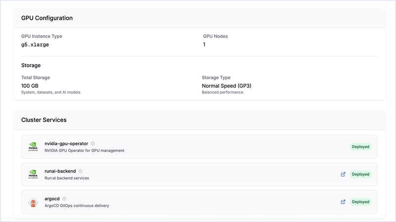 Screenshot of a GPU configuration panel showing instance type, storage details, and deployed cluster services like NVIDIA GPU Operator and ArgoCD.