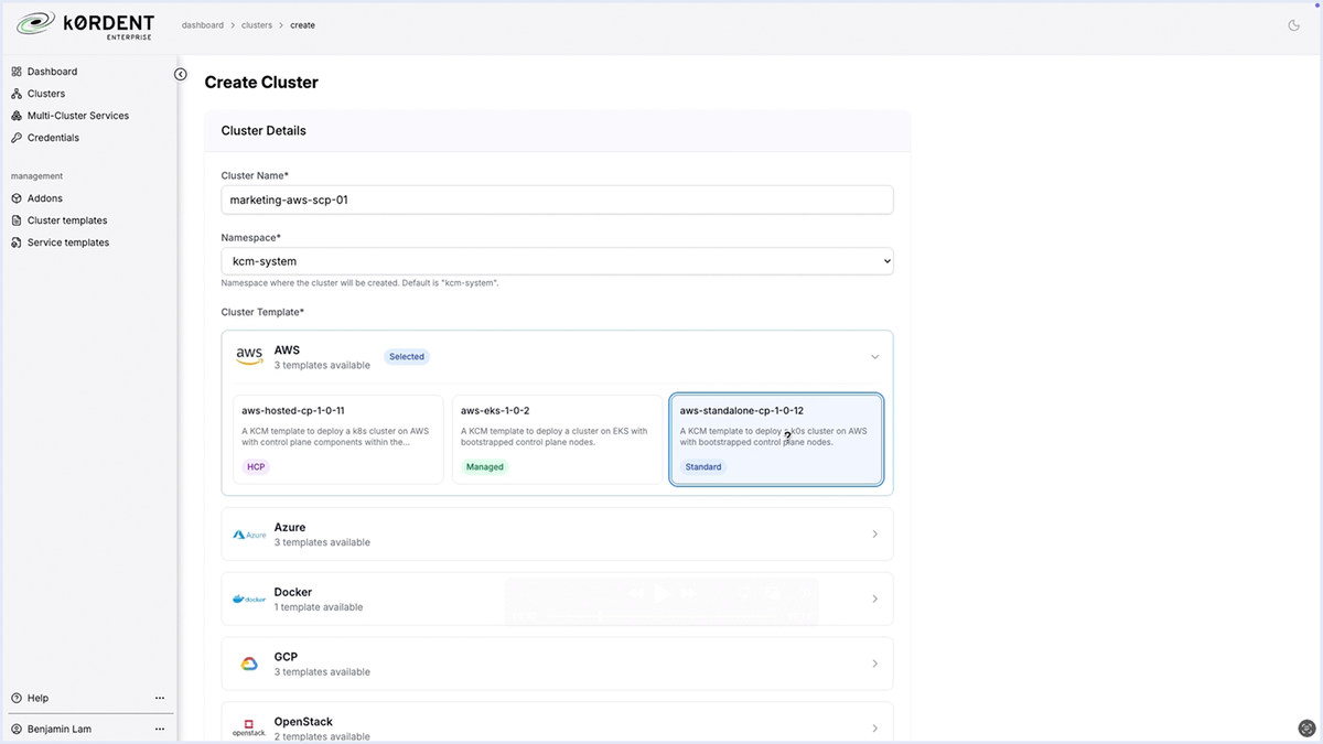 User interface for creating a cluster, showing options for AWS, Azure, Docker, and OpenStack with cluster details and templates.