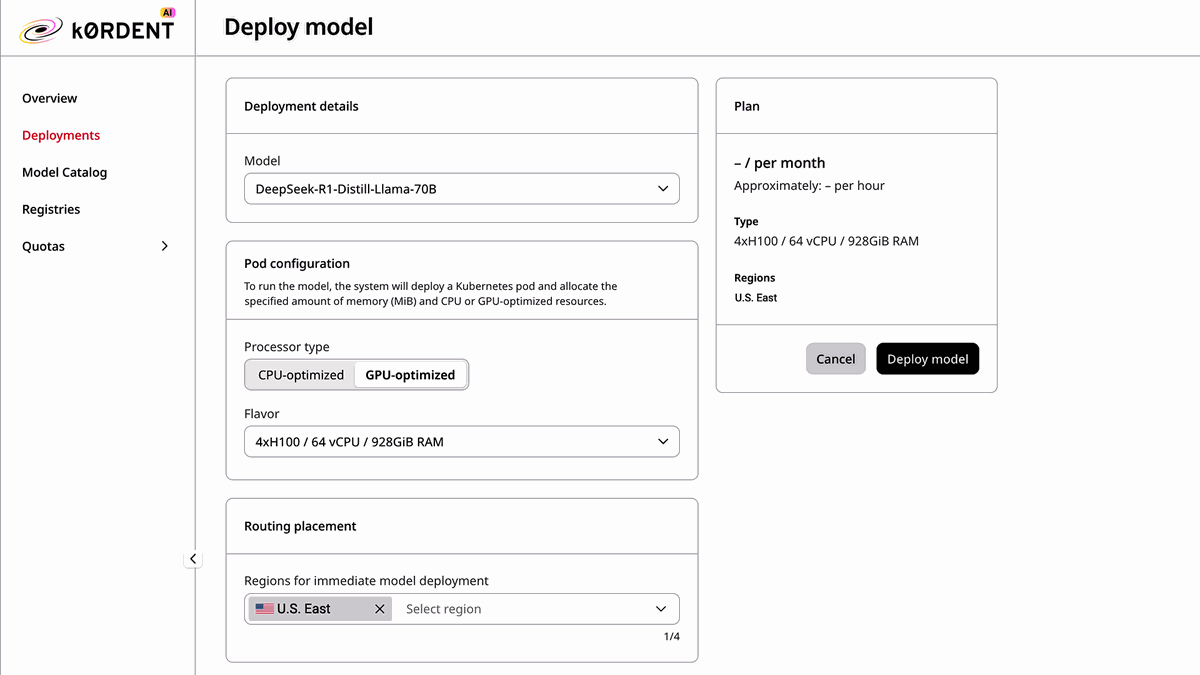 The "Deploy model" interface configures the "DeepSeek-R1-Distill-Llama-7B" model for CPU-optimized deployment with specific resource allocation in the U.S. East region, with undetermined pricing.